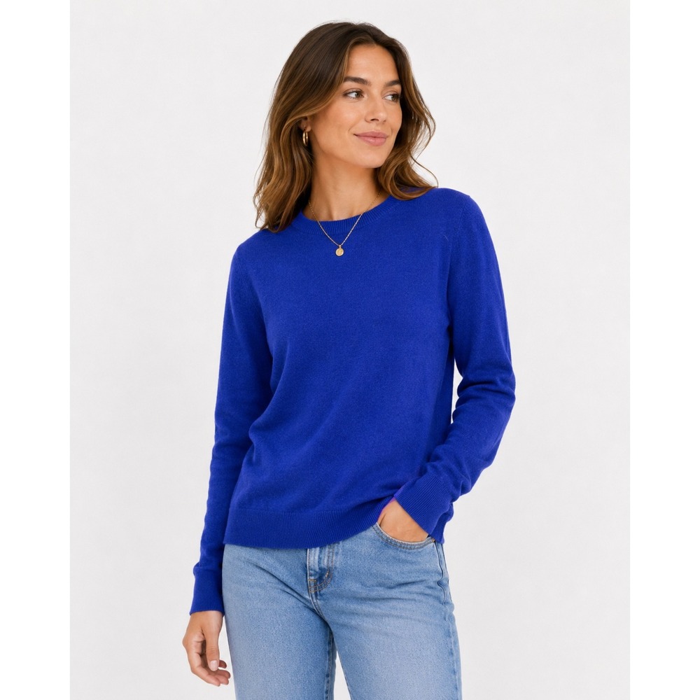 Merino Wool Blend Crewneck Sweater Womens L Cobalt Blue Minimalist Quiet Luxury